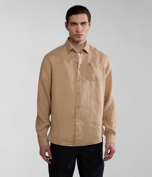 πουκαμισα Napapijri Linen Long Sleeve Shirt ανδρικα Μπεζ | 015HQTLFC